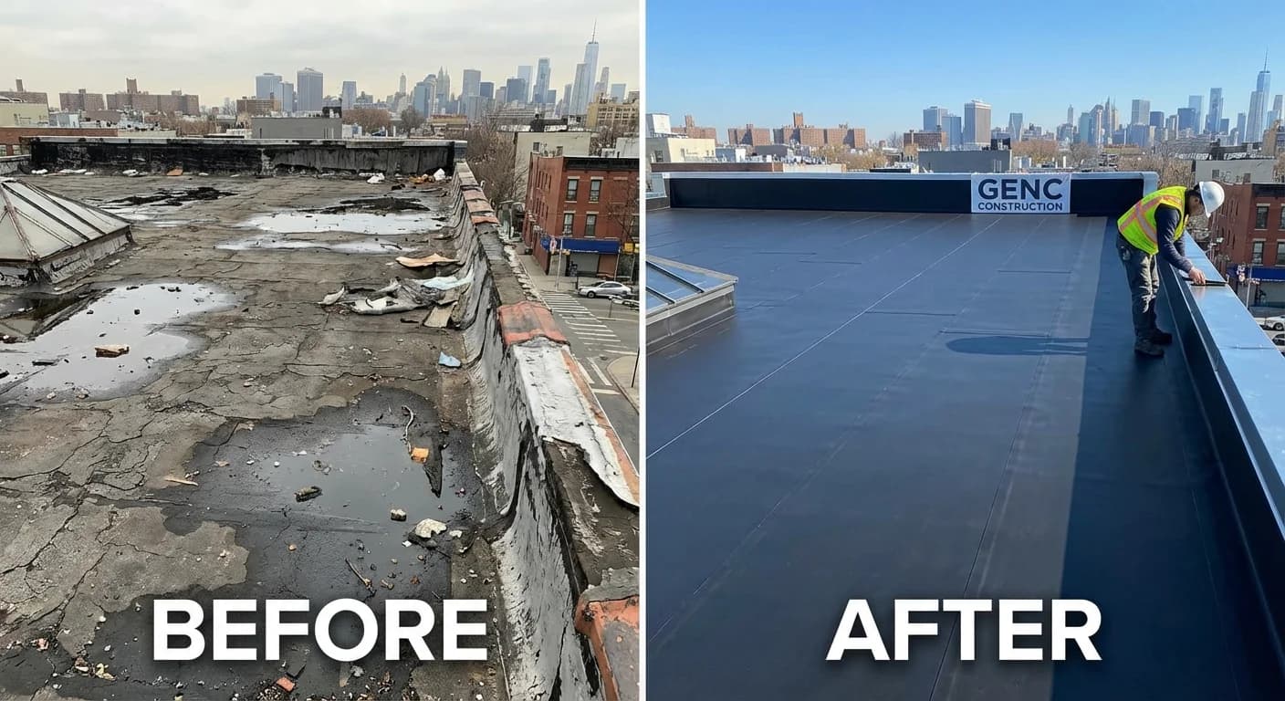 Retail center roof restoration in Elizabeth NJ - shopping plaza EPDM silicone coating restoration by Genc Construction