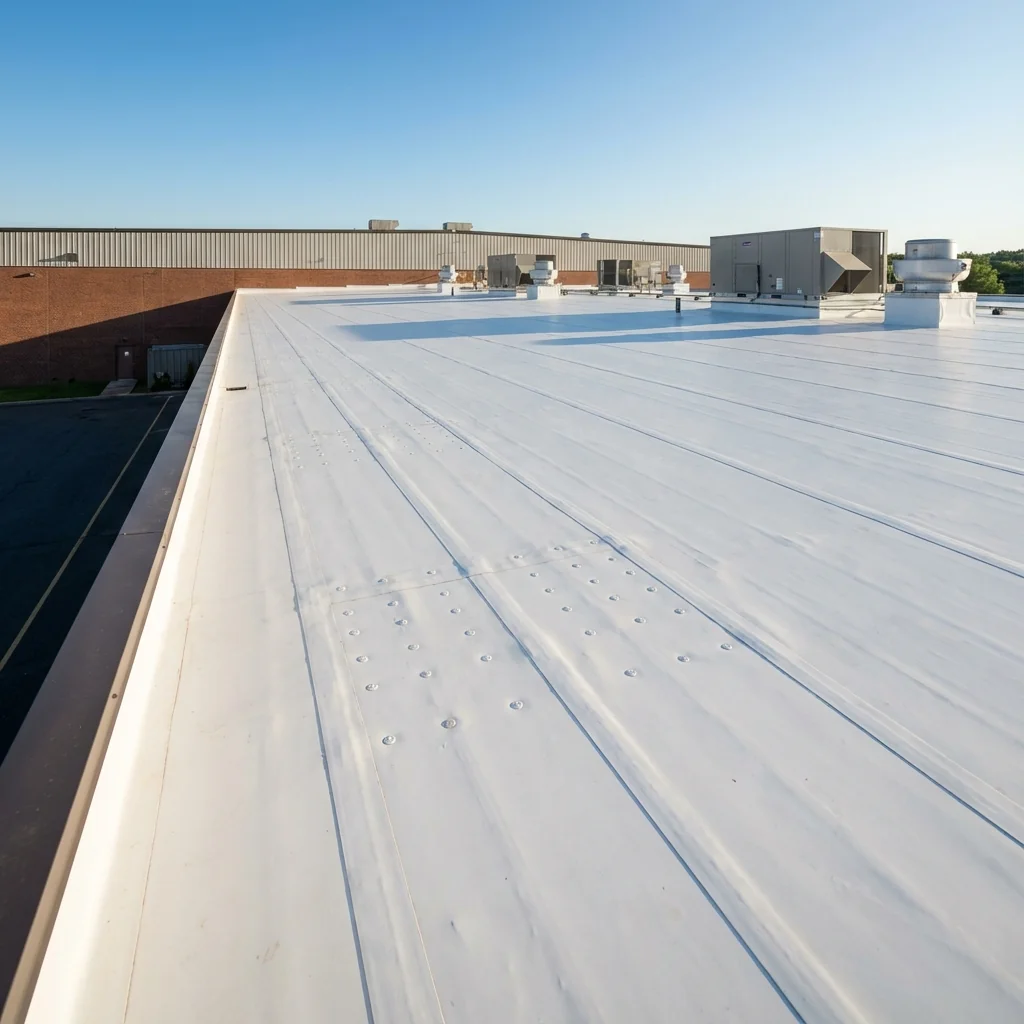 Logistics warehouse TPO roof replacement in Elizabethport NJ - large industrial facility roof installation by Genc Construction