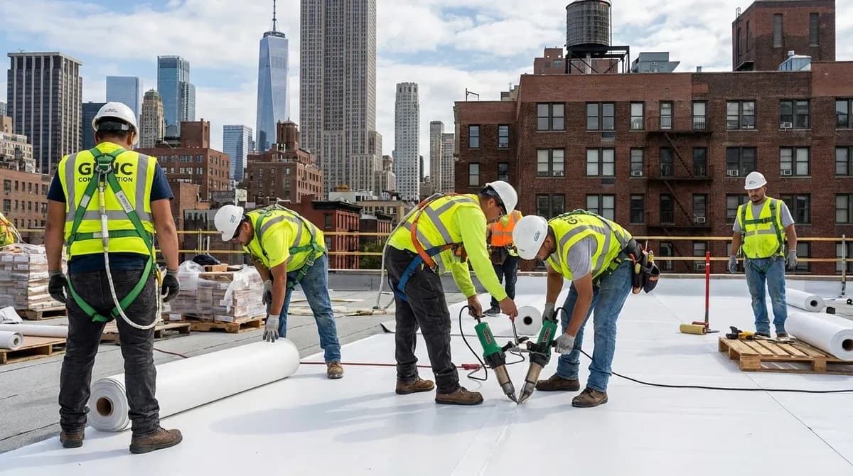 Luxury waterfront condo complex PVC roof replacement in Hoboken NJ by Genc Construction