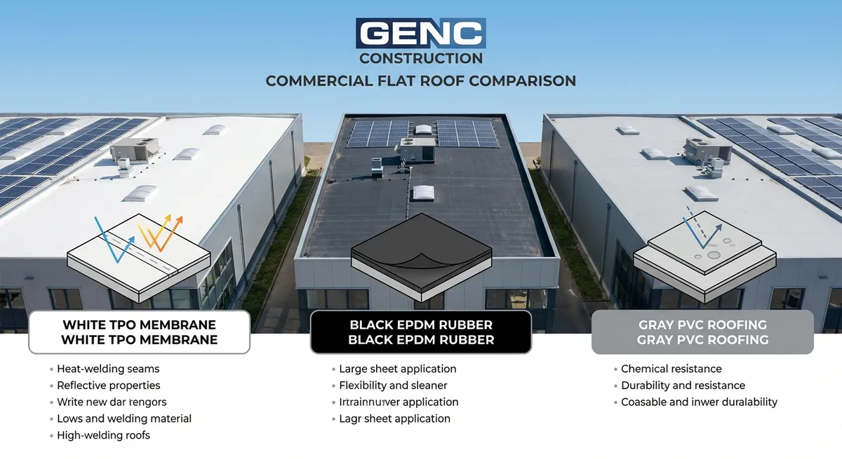 PVC vs TPO roofing comparison showing chemical-resistant PVC and energy-efficient TPO membranes