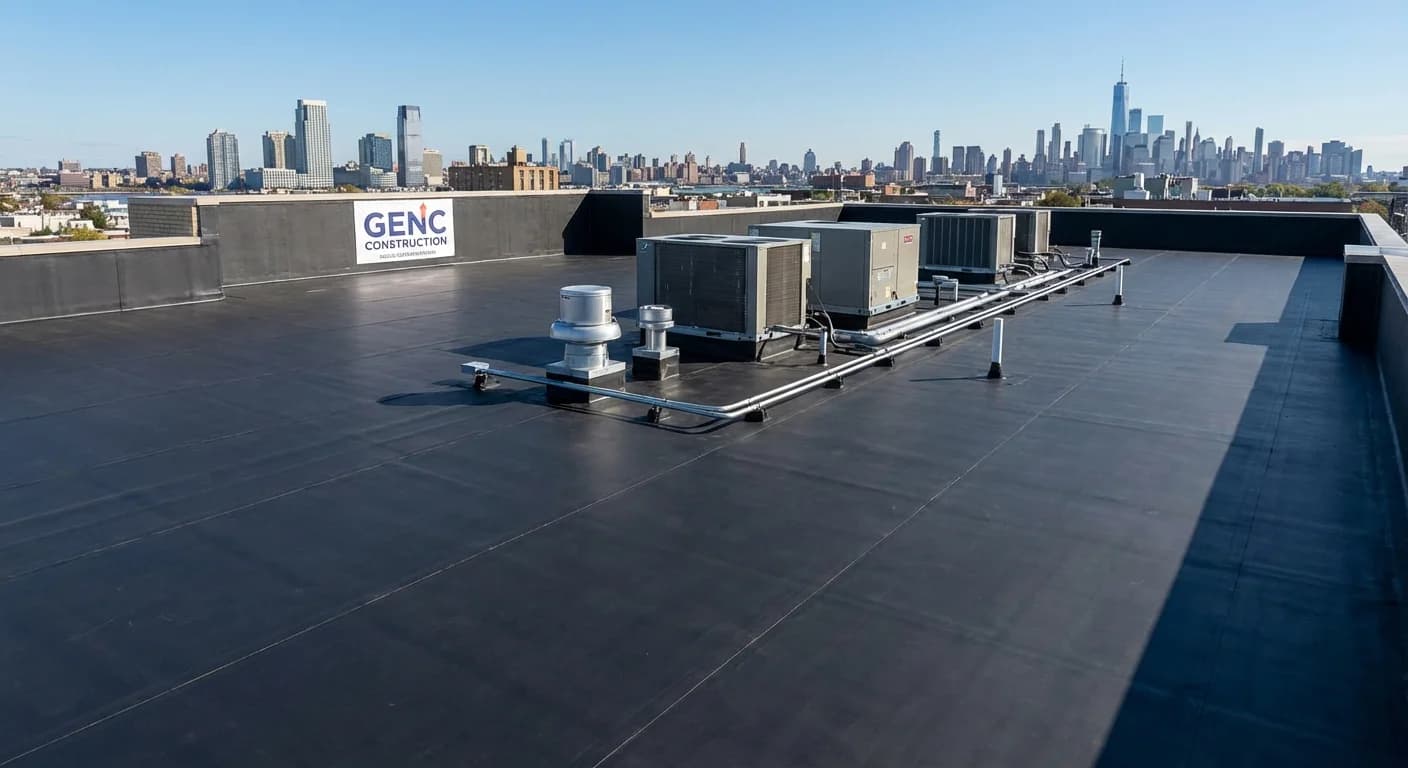 EPDM rubber roofing completed project in Jersey City NJ - professional flat roof installation by Genc Construction