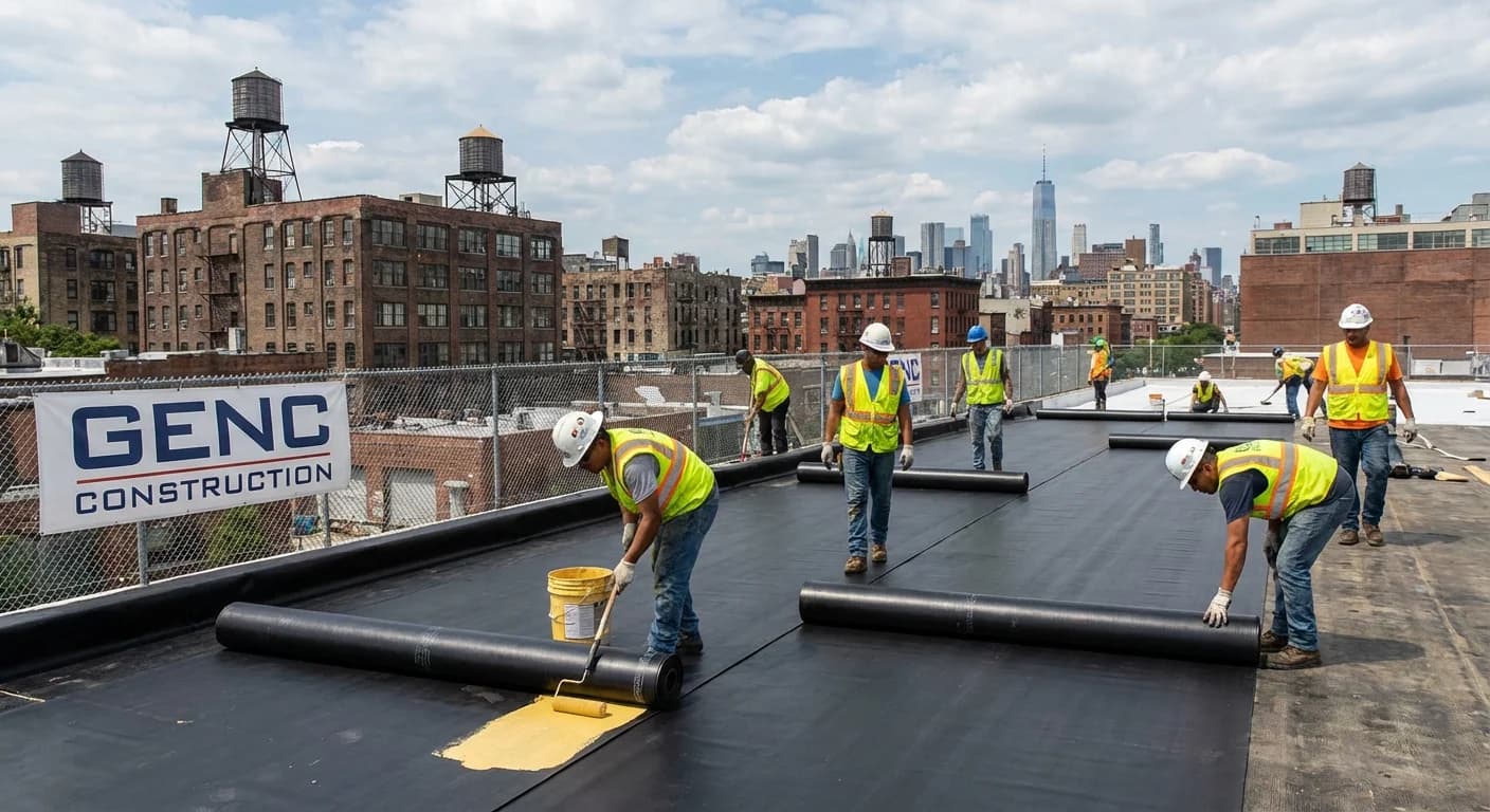 Genc Construction crew installing EPDM roofing in Brooklyn